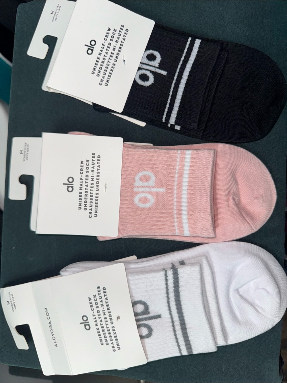 Alo Yoga Unisex Half Crew Socks 3 Pair Bundle White Pink Black Size M